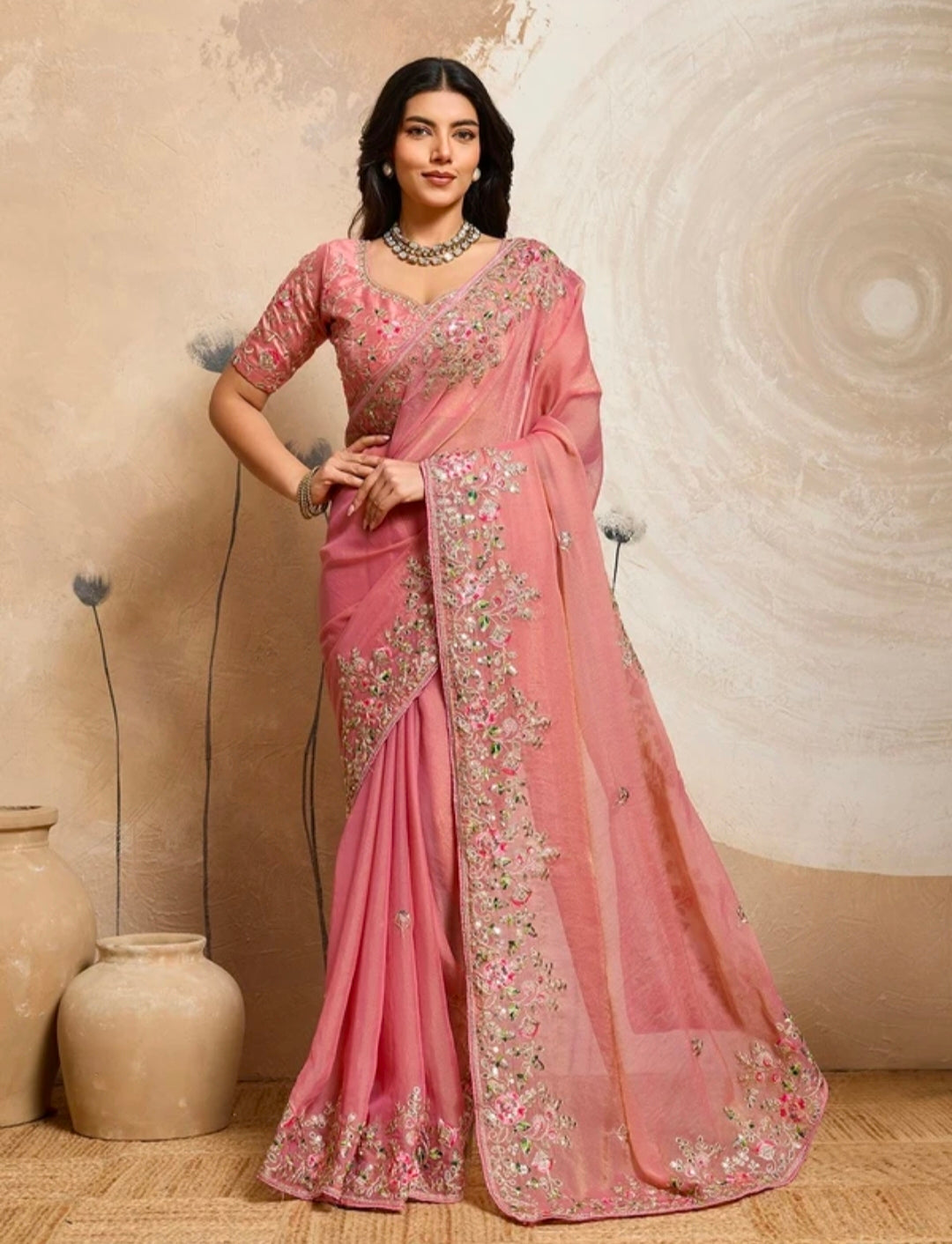 NAYRYN CREATION
Embroidered Bollywood Chiffon, Georgette Saree
(Pink)